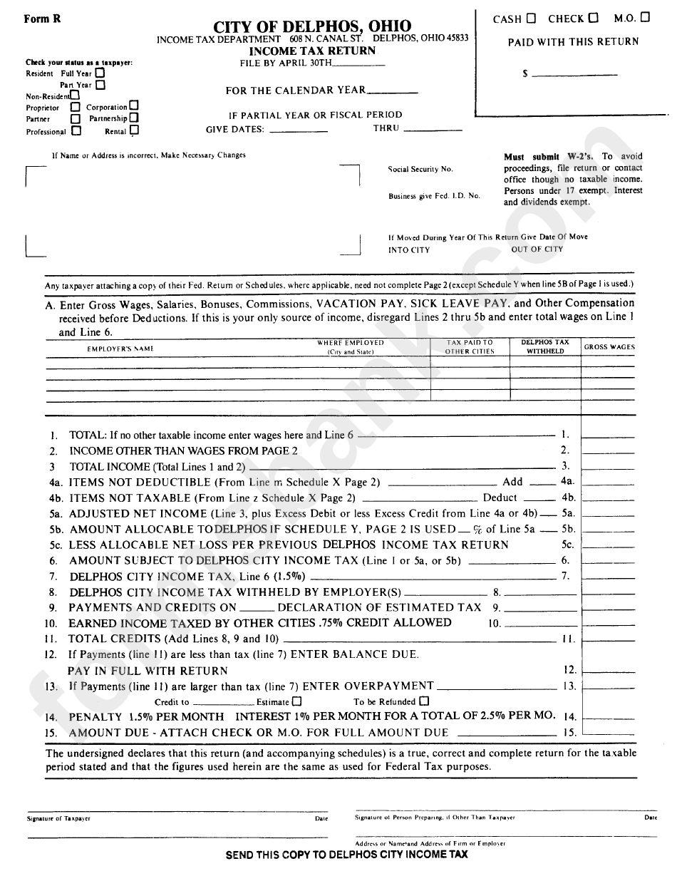 Form R Tax Return City Of Delphos Tax Department