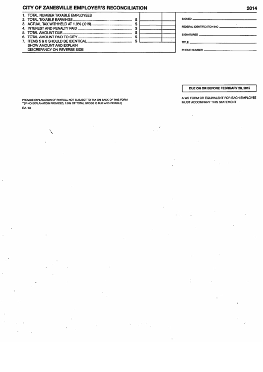 Form Ba13 City Of Zanesville Employer'S Reconciliation 2014 printable pdf download