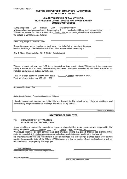 Form Nrr Claim For Refund Of Tax Withheld Non Resident Of