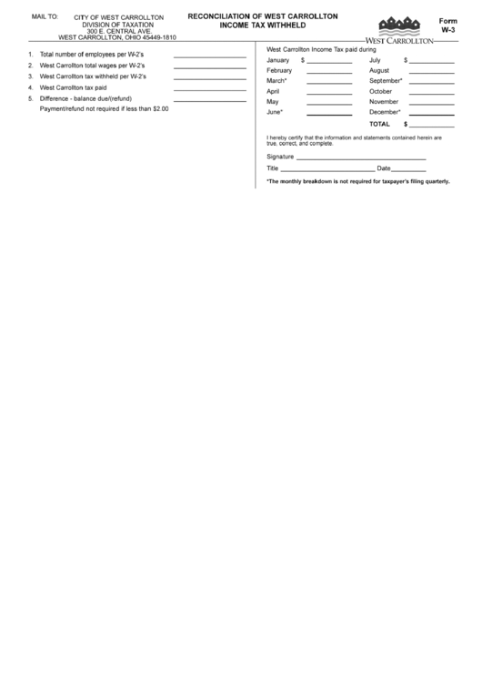 Form W3 Reconciliation Of West Carrollton Tax Withheld City