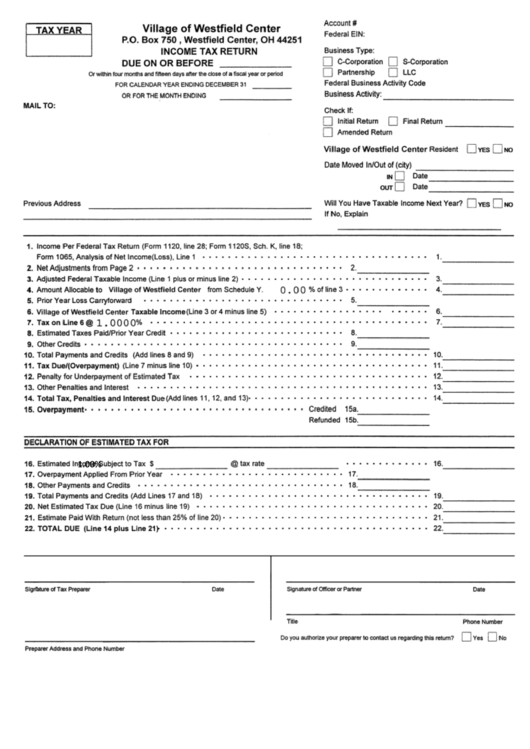 Inome Tax Return Form Village Of Westfield Center printable pdf download