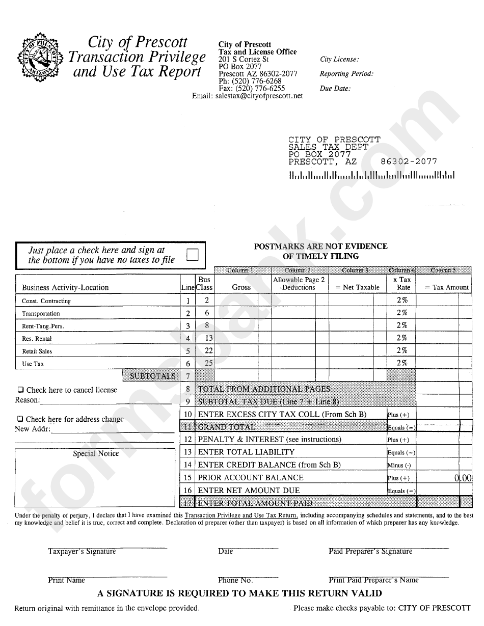 City Of Prescott Transaction Privilege And Use Tax Report printable pdf
