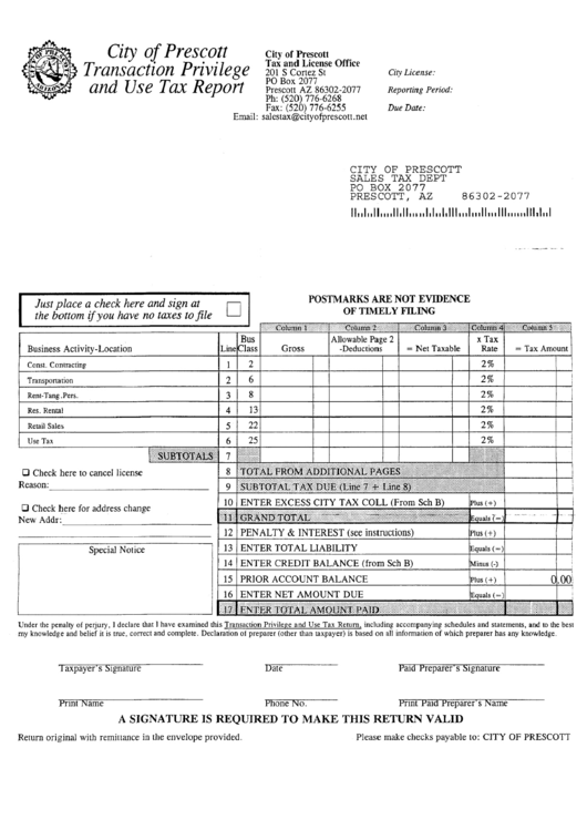 City Of Prescott Transaction Privilege And Use Tax Report printable pdf