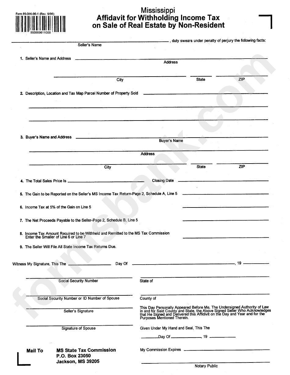 Affidavit For Withholding Tax On Sale Of Real Estate By Non