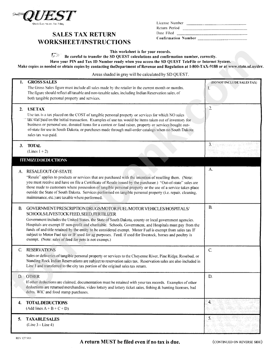 Sales Tax Return Worksheet May 2003 printable pdf download