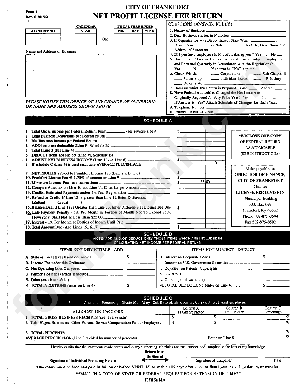 Form 8 Net Profit License Fee Return January 2002 printable pdf download