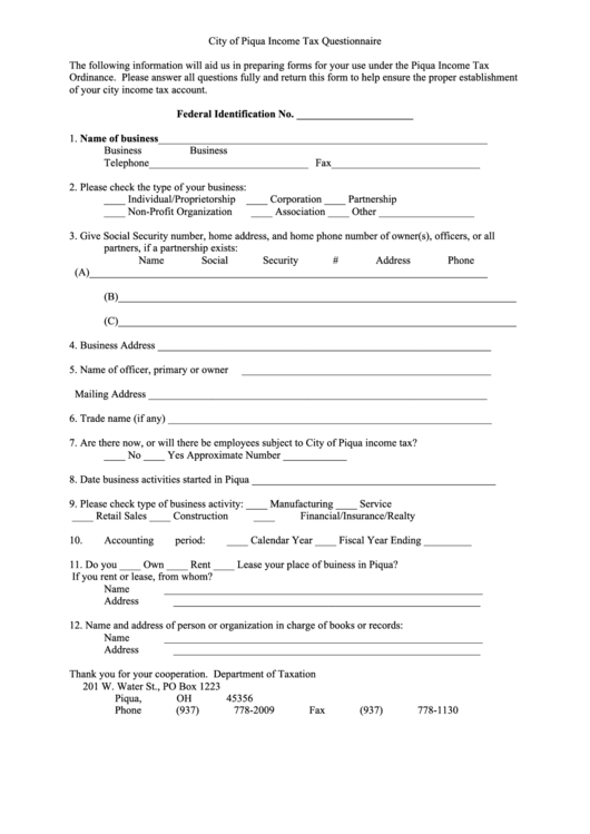 Tax Questionnaire City Of Piqua printable pdf download