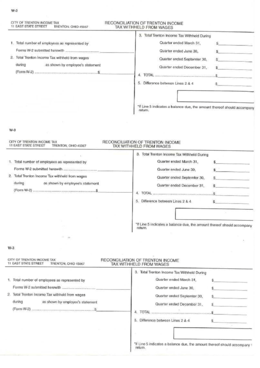 Form W3 Reconc[lation Of Trenton Tax Withheld From Wages