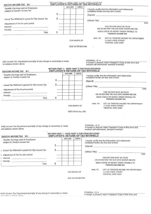 Form W1 Employer'S Return Of Tax Withheld City Of Trenton
