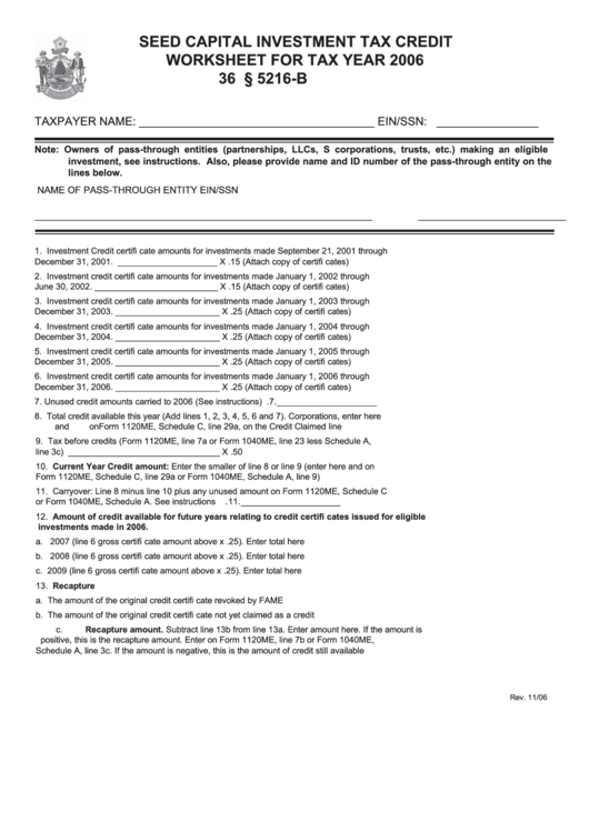 Seed Capital Investment Tax Credit Worksheet For Tax Year 2006 printable pdf download