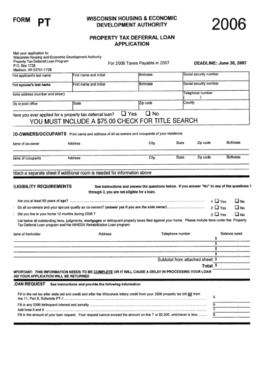 Form Pt Property Tax Deferral Loan Application 2006 printable pdf