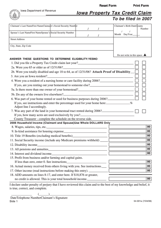 Fillable Form 54001 Iowa Property Tax Credit Claim 2007 printable