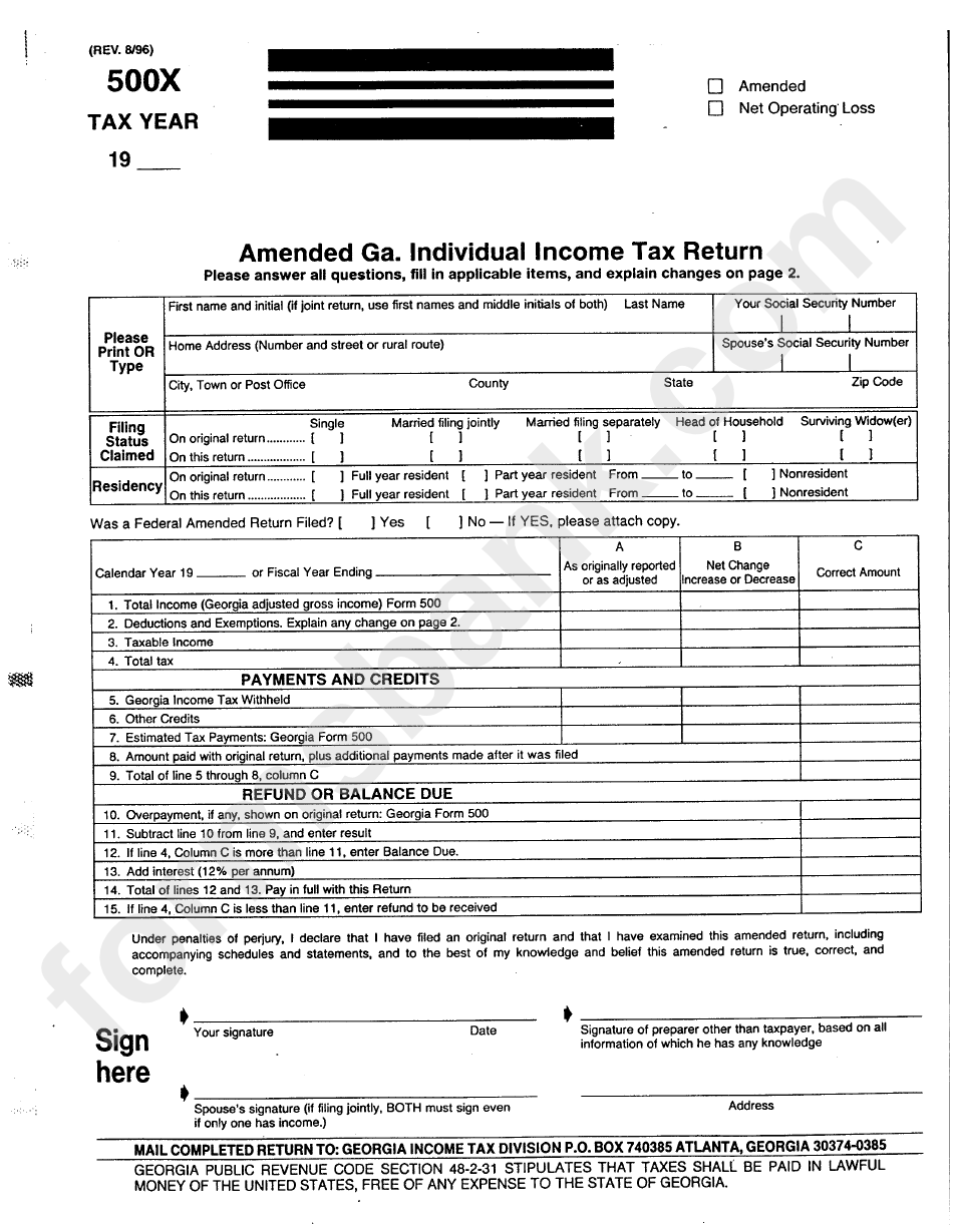 Fillable Form 500x Amended Ga Individual Return printable pdf
