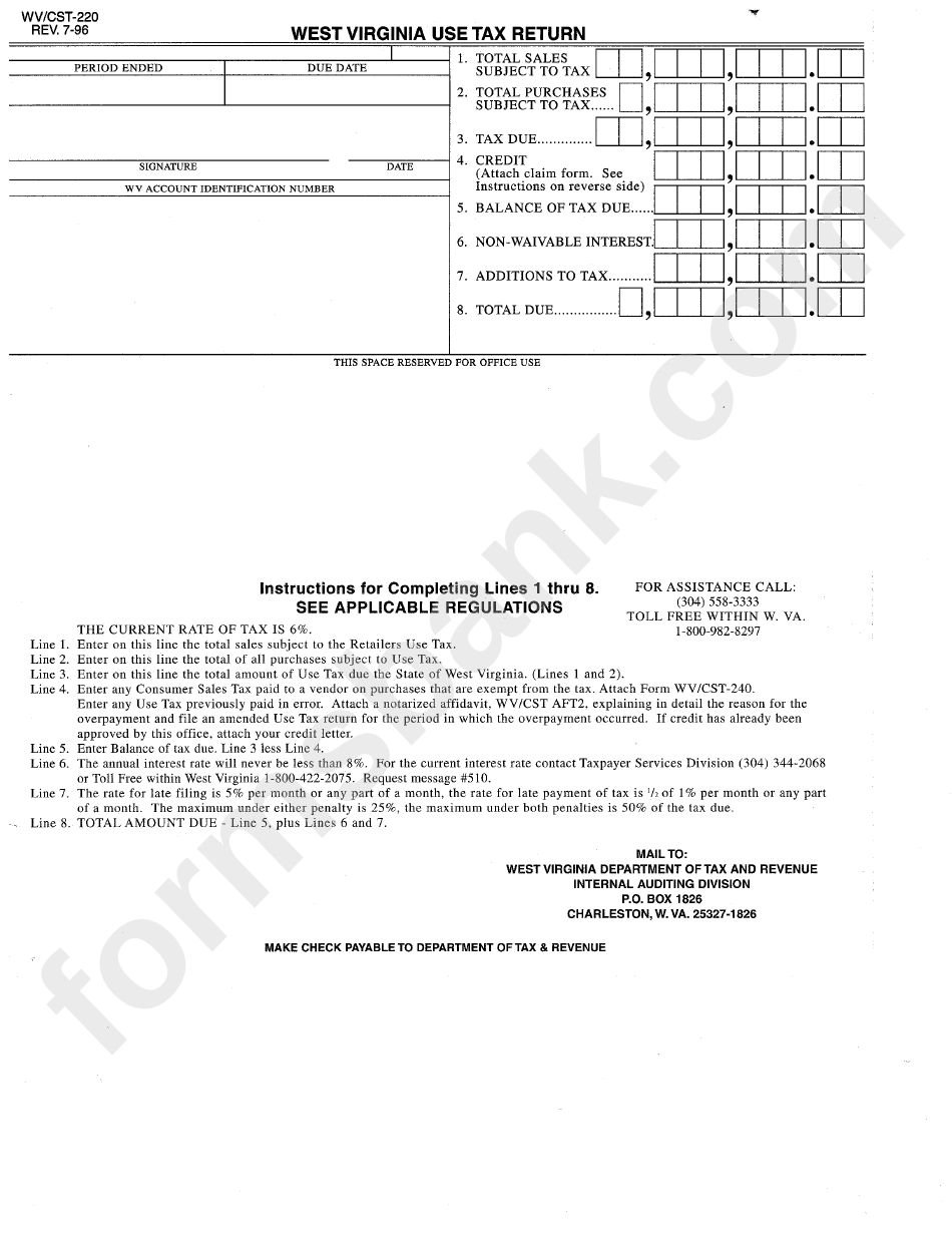 Fillable Form Wv/cst220 West Virginia Use Tax Return printable pdf