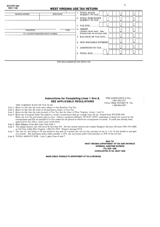 Fillable Form Wv/cst220 West Virginia Use Tax Return printable pdf