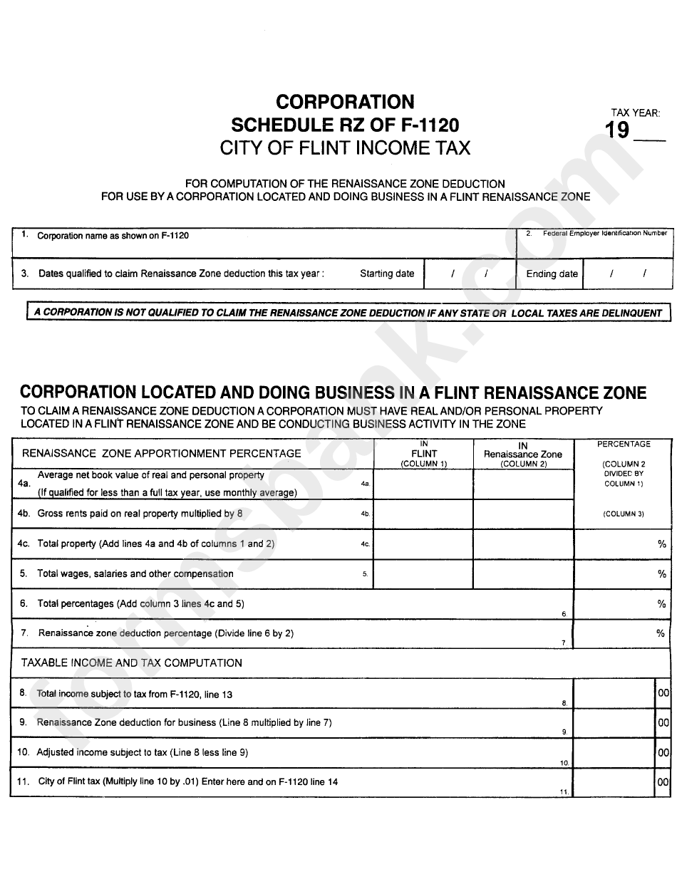 Form F1120 Tax Computation City Of Flint printable pdf download