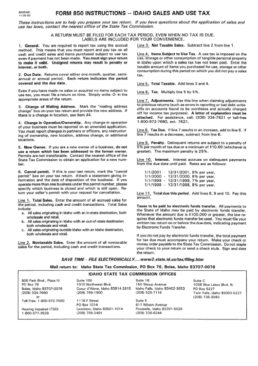 Form 850 Instructions Idaho Sales And Use Tax printable pdf download
