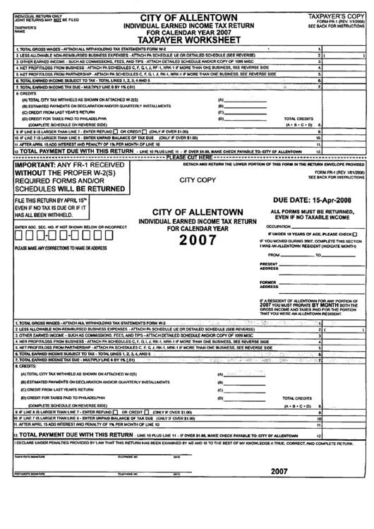Form Fr1 City Of Allentown Individual Earned Tax Return Form 2007 printable pdf download