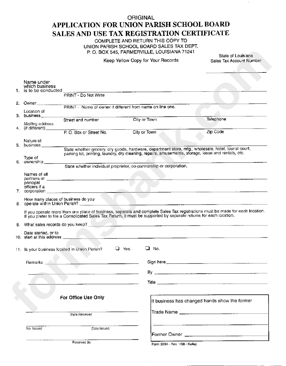 Application For Union Parish School Board Sales And Use Tax