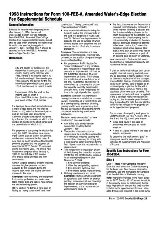 Instructions For Form 100FeeA, Amended Water'SEdge Election Fee