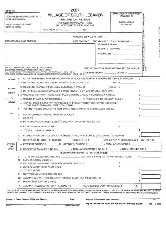 Form Br Village Of South Lebanon Tax Return 2007 printable
