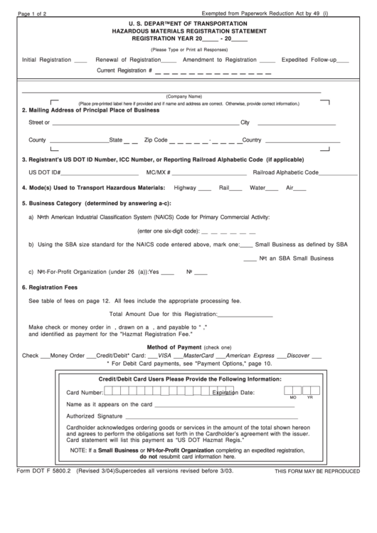 Hazardous Materials Registration Statement Form Us Department Of