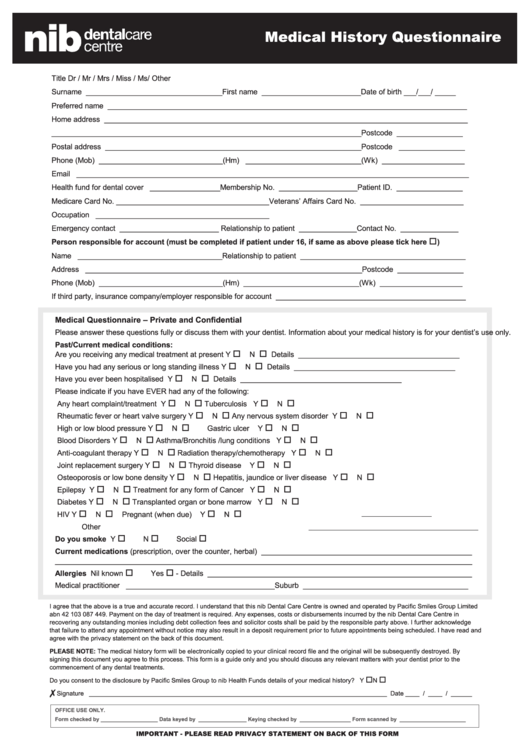 Medical History Questionnaire Form Dental Care Centre printable pdf