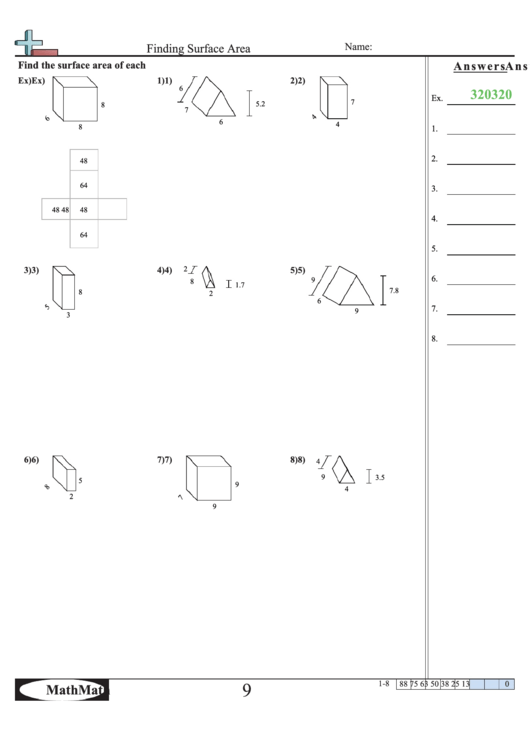 'Finding Surface Area' Math Worksheet printable pdf download