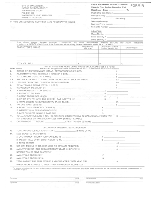 Form R City Of Tax Return printable pdf download