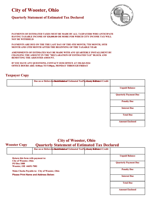 City Of Wooster, Ohio Quarterly Statement Of Estimated Tax Declared