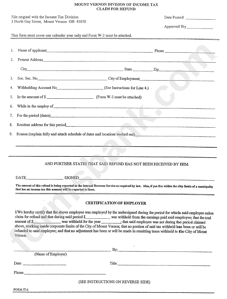 Claim For Refund Mount Vernon Division Of Tax printable pdf