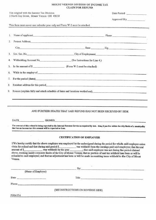 Claim For Refund Mount Vernon Division Of Tax printable pdf
