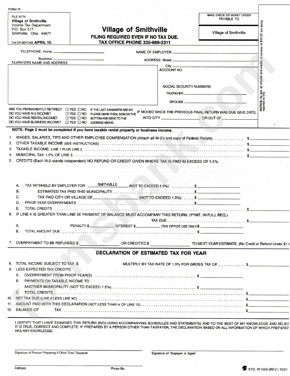 Tax Return Form Village Of Smithville Tax Department