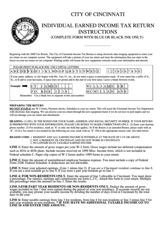 Individual Earned Tax Return Instructions printable pdf download