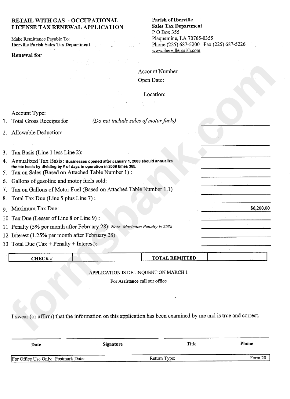 Form 20 Retail With Gas Occupational License Tax Renewal