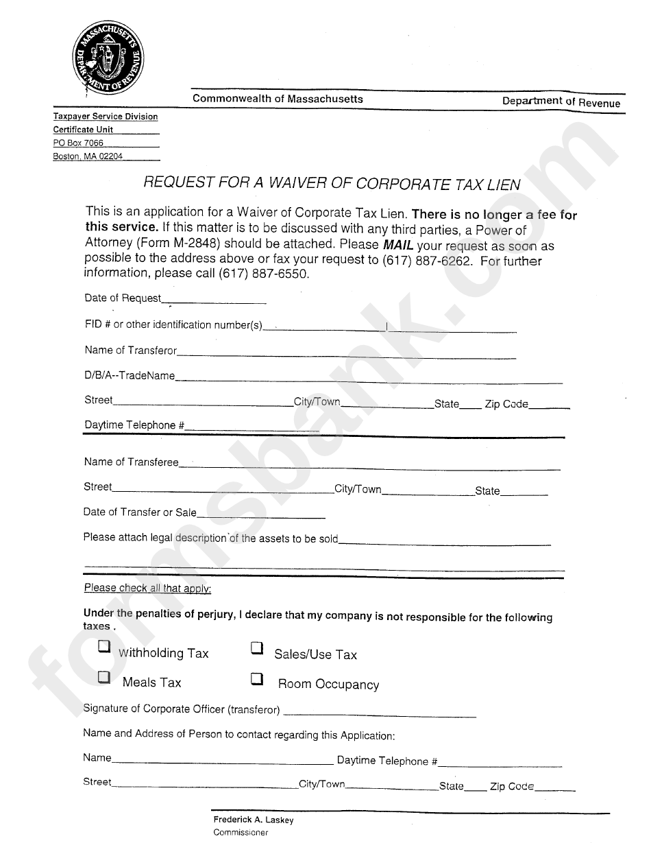 Request For A Waiver Of Corporate Tax Lien Form Commonwealth Of