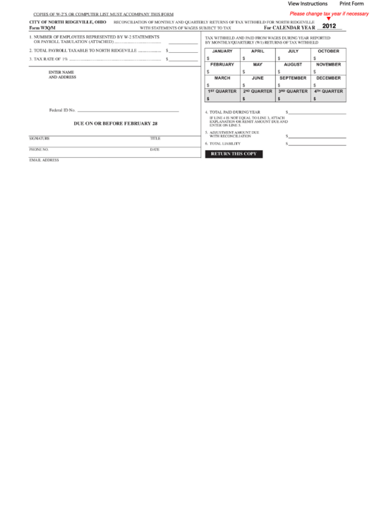 Fillable Form W3q/m 2012 Reconciliation Of Monthly And Quarterly