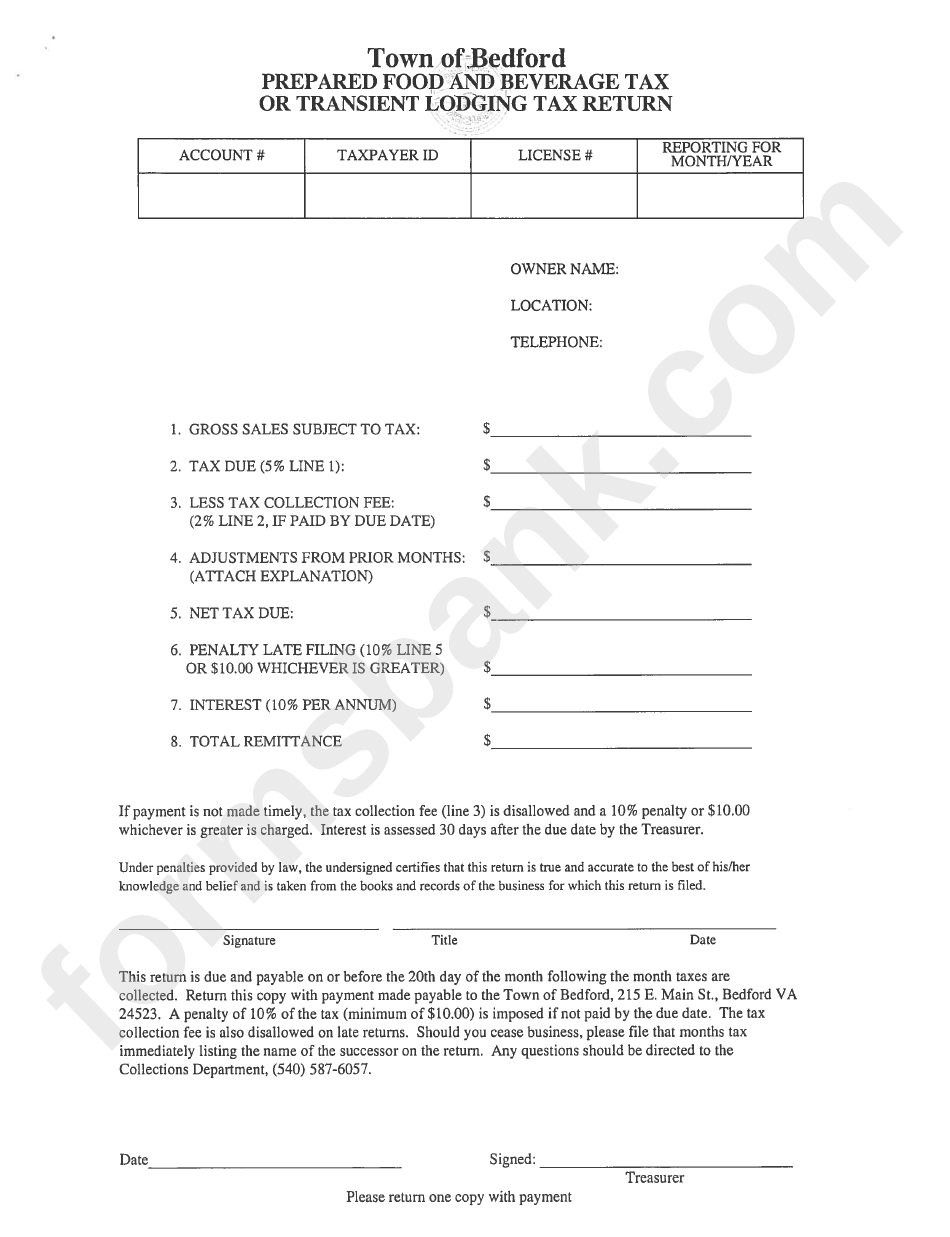 Prepared Food And Beverage Tax Or Transient Lodging Tax Return Form