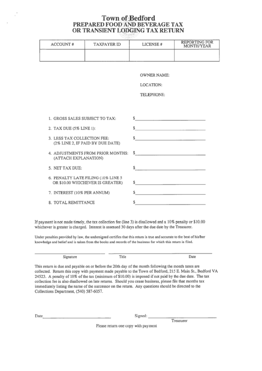 Prepared Food And Beverage Tax Or Transient Lodging Tax Return Form