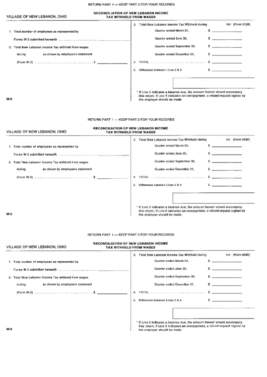Form W3 Reconcilition Of New Lebanon Tax Withheld From Wages