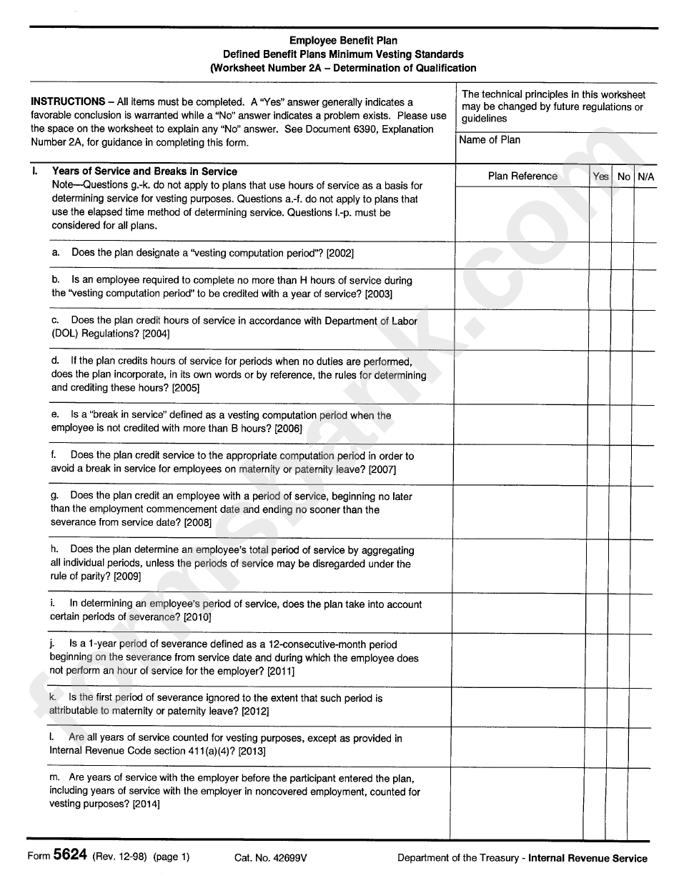 Form 5624 1998 Employee Benefit Plen (Worksheet Number