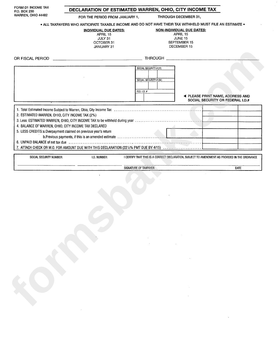 Form D1 Declaration Of Estimated Warren, Ohio, City Tax printable pdf download