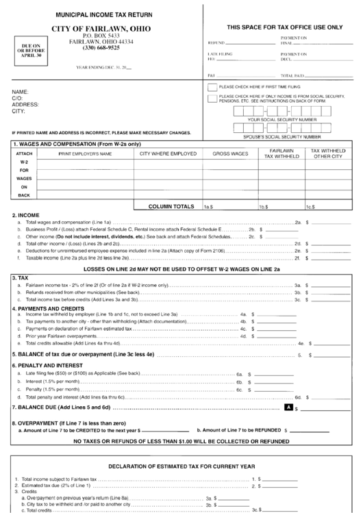 Municipal Tax Return Form City Of Fairlawn printable pdf download