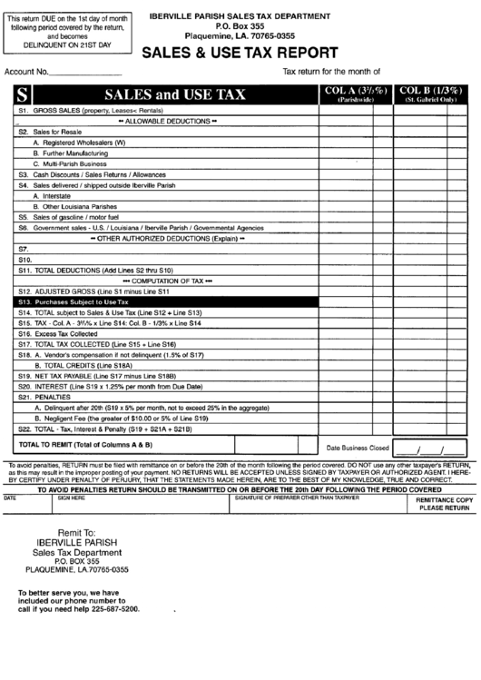 Sales And Use Tax Report Form Iberville Parish printable pdf download