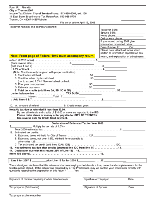 Form Ir Tax Return City Of Trenton 2007 printable pdf download