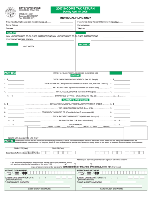 Tax Return Form Springfield Tax Division 2007 printable pdf download