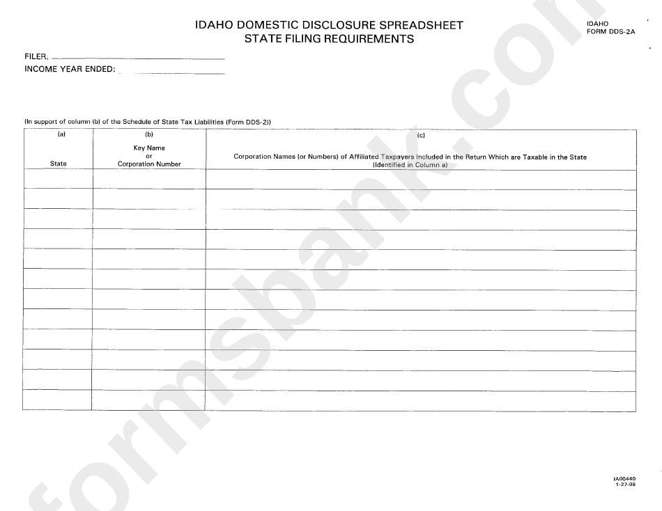 Form Dds2a Idaho Domestic Disclosure Spreadsheet State Filing