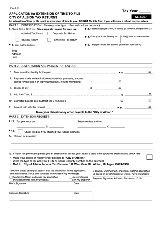 Form Al4267 Application For Extension Of Time To File City Of Albion
