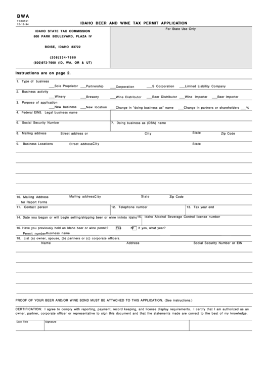 Form Bwa Idaho Beer And Wine Tax Permit Application 1994 printable