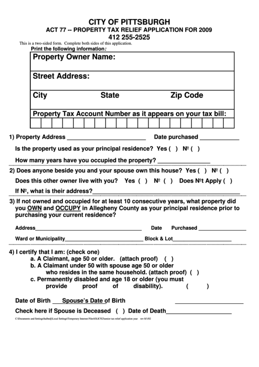 Property Tax Relief Application For 2009 City Of Pittsburgh printable